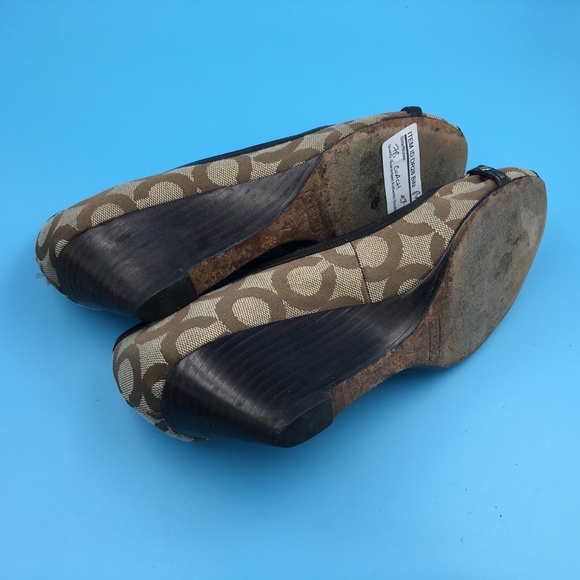 Coach Womens Brown Tan Gold Buckle Wedges Sz 7 - Picture 7 of 8